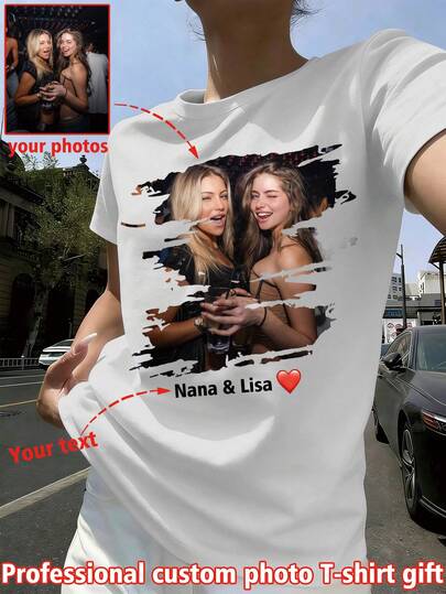Customized Personalized Gift - Add Your Own Text, Personalized Custom T-Shirt, Upload Photo/Logo/Copy, Pet/Family/Sibling/Old Friend Gathering Memorial, Group Photo Customization, Party Outfit, Fashion, Gift For Friends, Youth, Holidays White