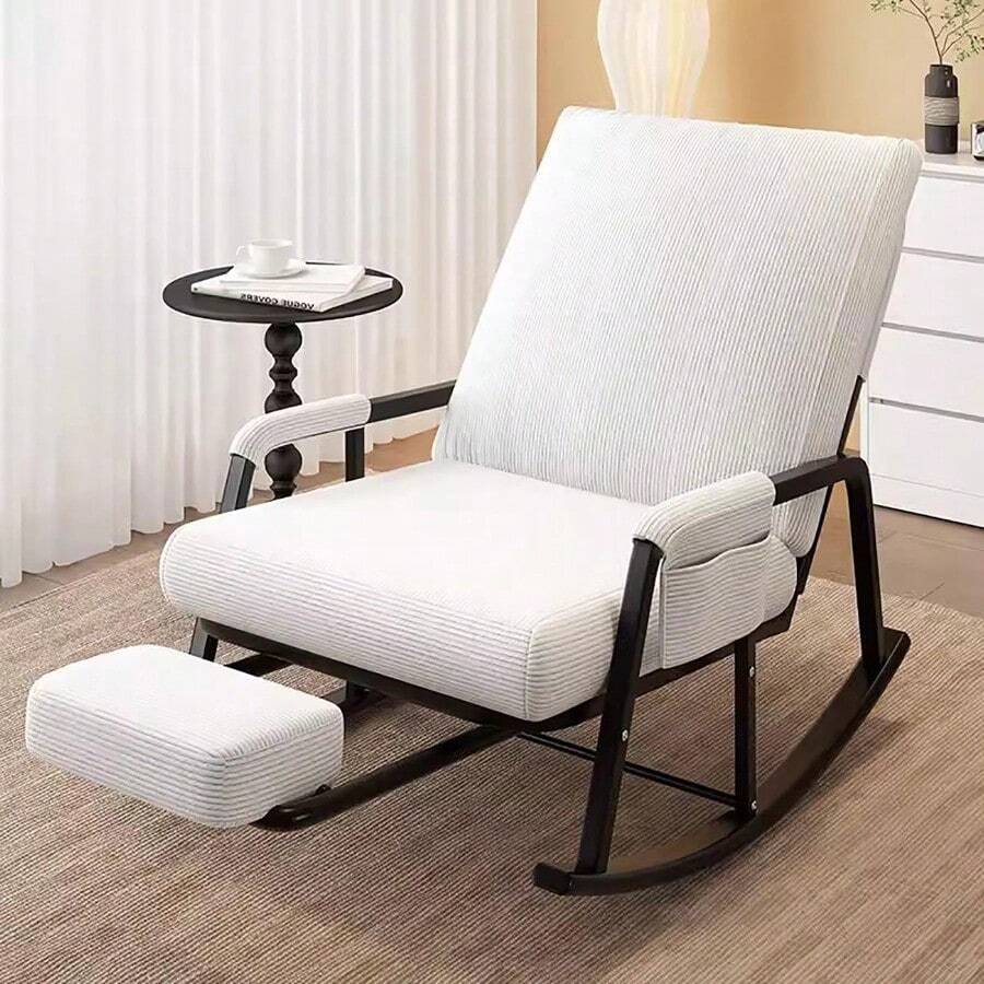 Mezclilla, Silla de mecedora, Silla de mecedora con reposapiés retráctil, Silla de mecedora de terciopelo cómoda para nursery, sala de estar, balcón, terraza. - Beis - Ver 1