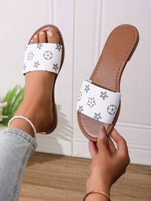 Damtofflor i H-form, avslappnad romersk stil, bekväm låg klack med präglad design, platta franska sandaler med strandmotiv - Vitt - Visa 1