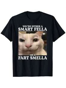 You're Either A Smart Fella Or A Fart Smella Funny Cat Meme T-Shirt Big Tall Men Cotton Casual Streetwear Tee Regular Fit Round Neck Short Sleeve All-Season Comfort Machine Washable Cat T Shirt,Men Size S-3XL - 黑色 - 查看 1
