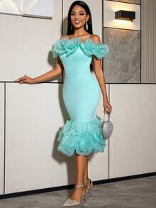 性感无袖露肩鸡尾酒礼服，荷叶边修身晚礼服，适合婚礼、派对及其他场合 - 薄荷綠 - 查看 4