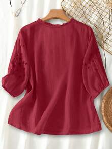 Women's Embroidered Loose Retro Boho Style Mid-Sleeve Blouse, Spring/Summer - Rose Red - View 2