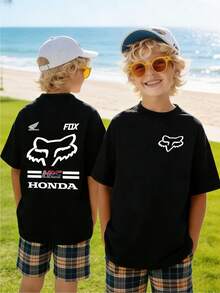Kids Motocross T-Shirt Fox Head & Racing Print Black Casual Short Sleeve, Suitable For Boys, Y2K,Cool,Fashionable Daily Casual Wear,Matching Outfits For, The Best Gift, Streetwear - 黑色 - 查看 1