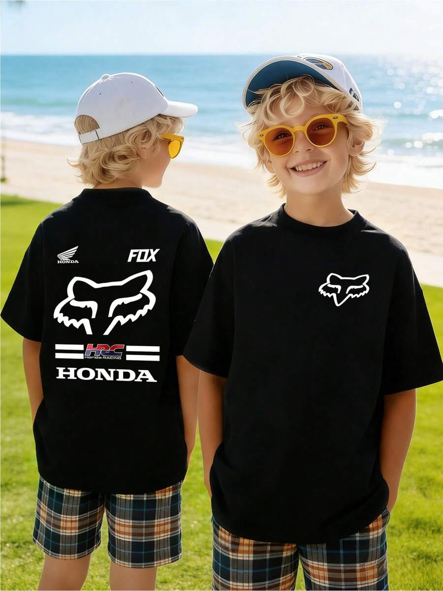 Kids Motocross T-Shirt Fox Head & Racing Print Black Casual Short Sleeve, Suitable For Boys, Y2K,Cool,Fashionable Daily Casual Wear,Matching Outfits For, The Best Gift, Streetwear - 黑色 - 查看 1