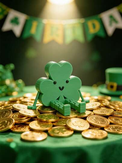1pc St. Patrick's Day Shamrock Man Shelf Sitter Figure, Cute 3D Printed Articulated Clover Decorations, Lucky Green Leprechaun Inspired Home Decor For Bookshelf Desk