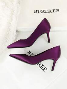 European & American Style Sexy Stiletto Shallow Satin Versatile Elegant Pointed Toe Women's High Heel Pumps, Party Shoes - Purple - View 5