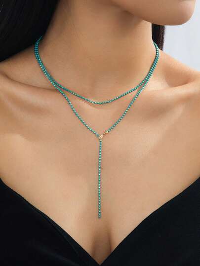 女士多层蓝色串珠Y字形项链，时尚优雅的奢华设计