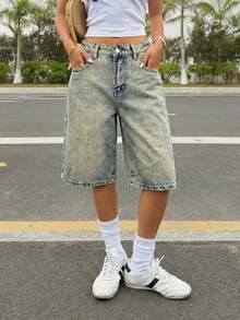 Women Casual Denim Capris Wide Leg Zipper Jeans Non-Stretch For Summer Outfits - Blue - View 4