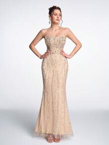Đầm dạ hội Anymoon sang trọng mạ vàng, chất liệu ren, đính sequin và đá quý, không dây vai, kiểu corset hở lưng, thắt nơ, dáng đuôi cá, phù hợp cho các dịp trang trọng, dự tiệc cưới, dạ hội, lễ tốt nghiệp, thảm đỏ, lễ trưởng thành, tiệc gala. - Rượu sâm banh - Xem 4