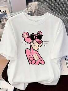 Mujer camiseta casual con estampado de personaje animado, tela suave, diseño holgado, cuello redondo, manga corta, primavera‑verano, uso diario, playera,Pantera Rosa, chic, moda juvenil, cómoda,  2026, ropa casual - blanco - Ver 4