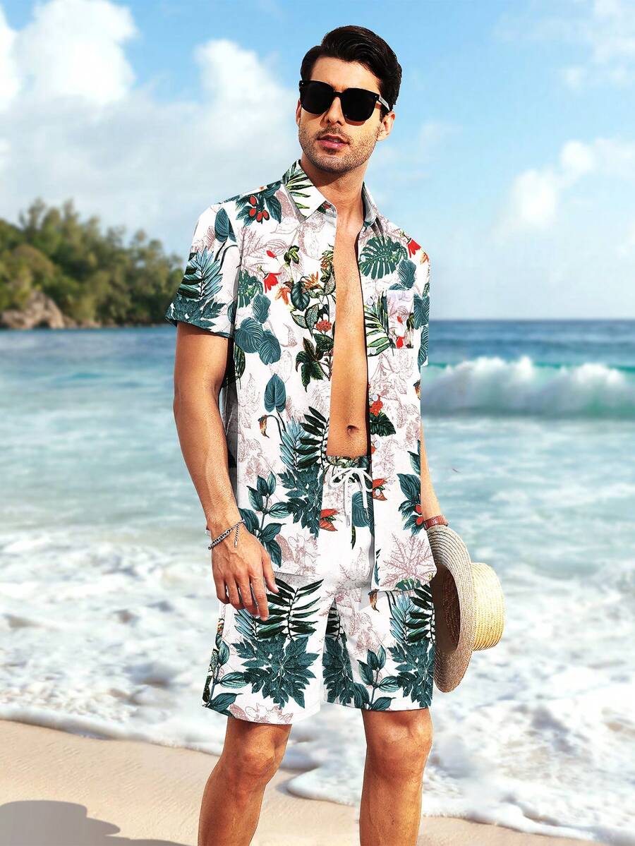 USLAN Mens Flower Hawaiian 2 Piece Outfit Sets Short Sleeve Beach Casual Button Down Shirt And Shorts Suits - trắng - Xem 1