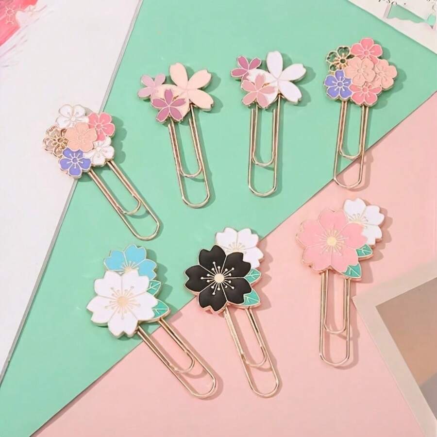 1/5/12Pcs Creative Metal Bookmark Exquisite Cherry Blossom Paperclip Bookmark Popular Fashionable And Exquisite Bookmark With Card - A - View 1