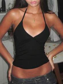 女士休闲纯色修身吊带露脐上衣，性感街头风，适合日常、派对、度假、春夏穿着，黑色 - 黑色 - 查看 1