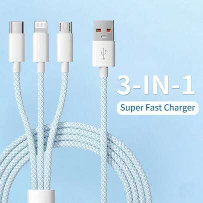 1Pack 3-In-1 Nylon Braided Fast Charging Cable, USB To Type-C + Lightning + Micro USB Universal Charging Cord Compatible With IPhone, , ,