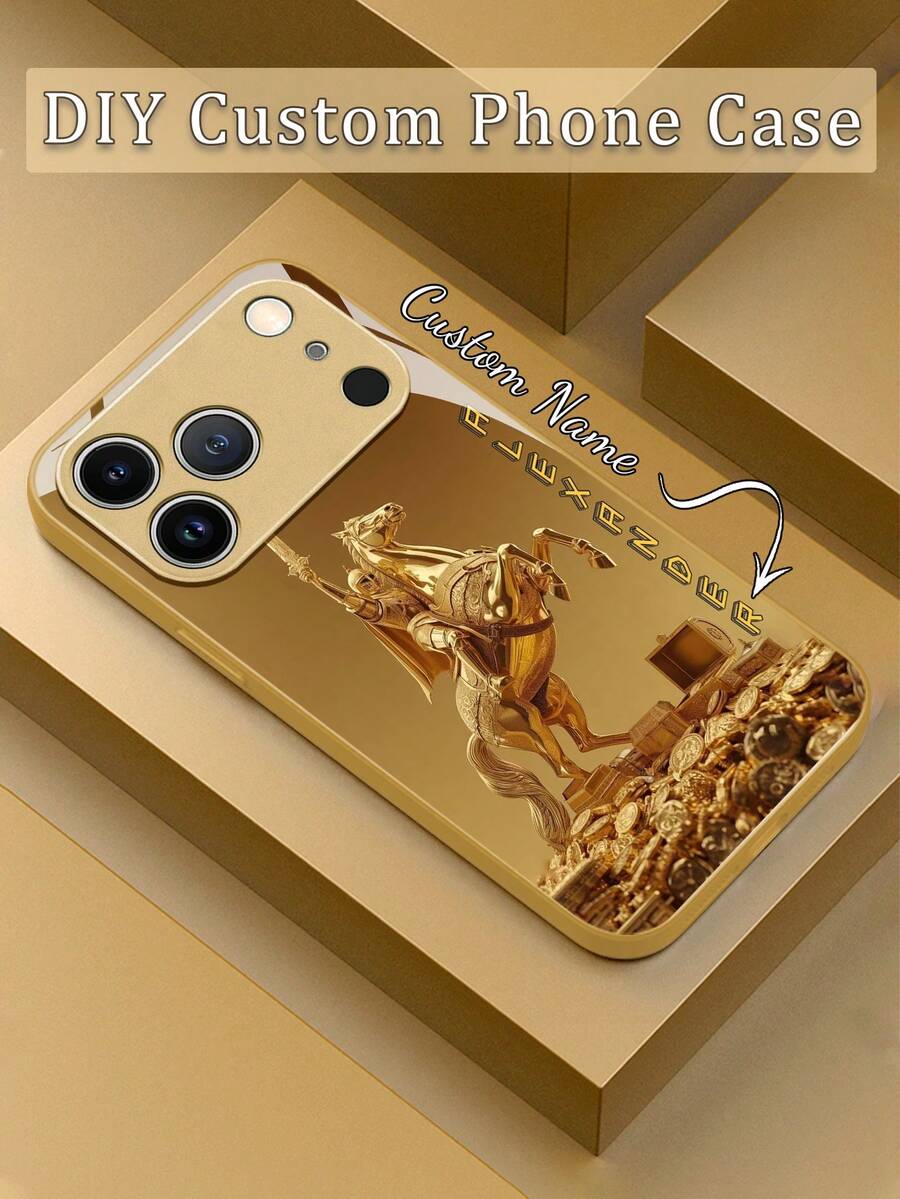 1pc Customized Name, Golden Knight Design, TPU Soft Edge + Tempered Glass Back Phone Case Compatible With Samsung S24 Ultra/S25 Ultra And Apple 17 Pro Max/16 Pro Max/15 Pro/14 Plus/13 Pro/12 Pro Max/11/Xs Max/8/7/6 Plus Smartphone Accessories - Gold - View 1