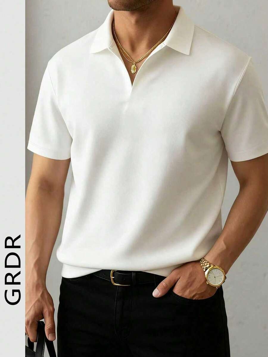 GRDR Men's Minimalist Airplane Collar Short Sleeve T-Shirt, Casual Commuter - White - View 1