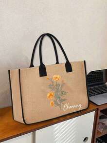 Personalized Customization Name Tote Bag Set,Birthday Month Representative Flower Pattern, Large Capacity , Shoulder And Handheld. Ladies' Large Capacity, Multifunctional Handbag, Neutral Adult Polyester Mini Makeup Bag,Valentine's Day,Wedding Season, Souvenirs, Bridesmaid Gifts, Ramadan - Multicolor - View 2