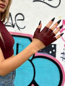 1双时尚酒红色露指PU皮手套 夏季 - 酒紅色 - 查看 4