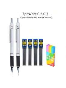 金属自动铅笔套装，带防滑笔握 - 包含 0.5mm/0.7mm/0.9mm/2.0mm 笔芯，适用于办公、书写、绘画、素描（2 支铅笔 + 4 盒笔芯 + 1 块橡皮） - 2筆+4鉛芯+1橡皮-2.0+0.9mm - 查看 12