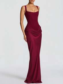 Cornelia 女士性感吊带紧身连衣裙，夏季垂褶长裙，黑色蕾丝系带露背优雅生日派对鸡尾酒礼服 - 酒紅色 - 查看 4