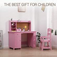 Juego de computadora y Silla para niños y niñas, Mesa de Escritura de Madera para niños con estantería, tablón de anuncios, gabinete y cajón para Edades de 3 a 8 años - Rosa - Ver 4