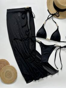 2026 New Solid Color Elegant Backless Tie-Up Decor Vacation 3 Pieces Set Beach Black Summer - Black - View 1