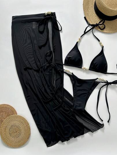 Conjunto de 3 piezas de unicolor elegante con espalda descubierta y decoración de lazo para vacaciones, 2026