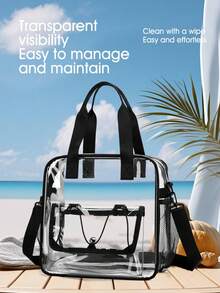 Large Capacity Stadium Approved Transparent PVC Tote Bag Shoulder Bag Clear Bag Sport Bag Lightweight Daily Crossbody Bag For Women/Unisex Waterproof Handbag For Concert Sport School Swimming Travel Vacation See Through Storage Bag - 黑色 - 查看 2