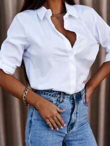 Camisa de manga corta con botones delanteros y cuello para mujer de talla grande, color blanco primaveral - Blanco - Ver 2