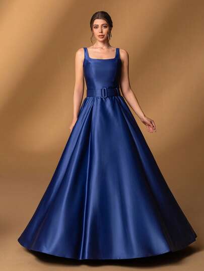 Faeriesty Đầm dạ hội dáng chữ A không tay màu xanh hải quân thanh lịch, chân váy satin và thắt lưng bản rộng, thích hợp cho đám cưới trên bãi biển, tiệc vườn, tiệc tối trang trọng, tiệc cocktail mùa xuân.
