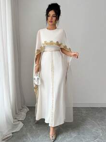 女士优雅V领喇叭袖金色蕾丝腰A字型长裙，亮杏色，适合早春穿着 - 杏色 - 查看 7