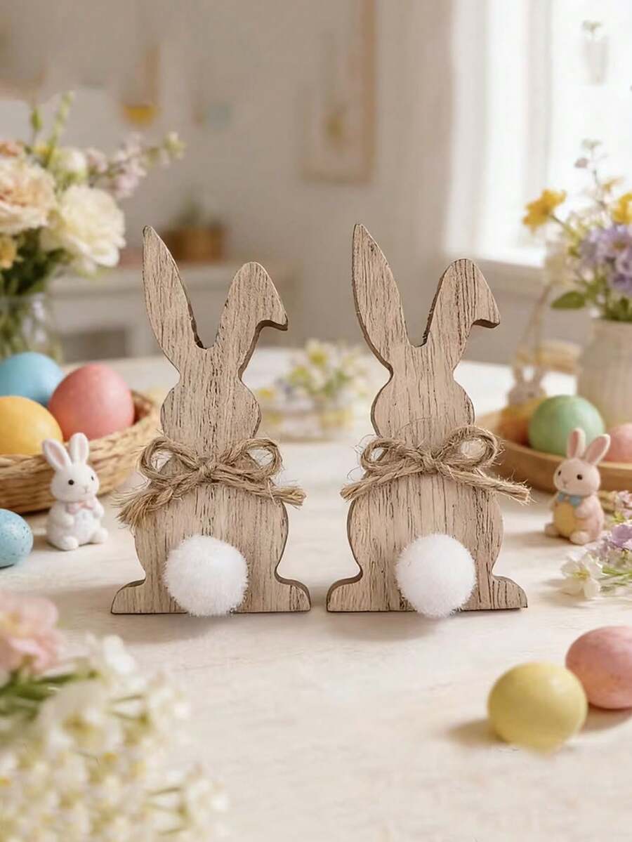 2 figurine decorative din lemn în formă de iepure, iepuraș de Paște drăguț cu papion și coadă cu pompon. Aceste decorațiuni din lemn în formă de iepure pentru birou sunt potrivite pentru decorarea camerei de zi, a dormitorului, a studiului, a biroului și a centrului comercial. Ideale pentru Paște, aniversare, petreceri de primăvară și decorarea casei.