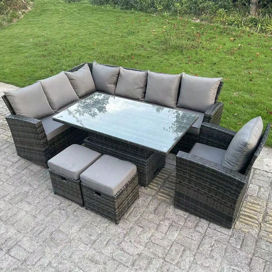 Fimous High Back Rattan Garden Furniture Corner Sofa Sets Adjustable Rising Table 9 Seater Left Corner 2 Color Option Dark Grey Light Grey - Left-hand Corner Set - View 1