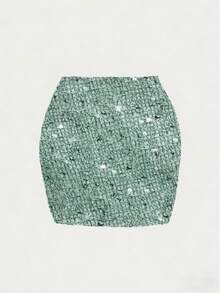 Elegant Women's Short Sequin Bodycon Skirt With Ruffle Design, Suitable For Party, Date, Office And Other Occasions - Mint Green - View 7