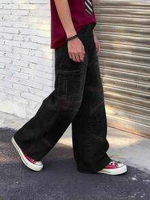 1件复古宽松牛仔裤，多口袋工装裤，百搭阔腿黑色牛仔裤（不含腰带和配饰） - 黑色 - 查看 5