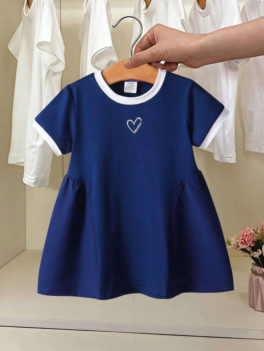 1件女童校服连衣裙,夏季连衣裙,“撞色圆领短袖爱心印花公主裙,韩版简约连衣裙,适合0-1-2-3岁、6-9个月女婴,适合户外、休闲、派对、节日礼物、生日礼物等场合” - 藏蓝色 - 查看 1