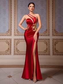 VIPGIRL Đầm dạ hội kiểu Trung Quốc màu đỏ satin thêu rồng, thiết kế xẻ cao, lệch vai, đầm dự tiệc cocktail gợi cảm, đầm dự đám cưới thanh lịch, đầm dự tiệc sang trọng, đầm dạ hội dài, đầm dạ hội nữ, đầm đỏ nữ, đầm cocktail quyến rũ - Đỏ - Xem 4