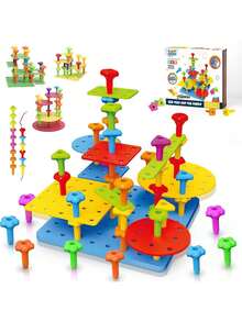 Tablero de Clavijas Apilable, Montessori Juguetes de Construcción y Encaje para Niños de 3 a 6 Años, Juguete Educativo Stem, Colorido Sensoriales,Juguetes Didacticos,Regalos de Pascua para Niños,40984910 - Multicolor - Ver 1