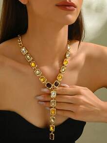 1pc Bohemian Style Rhinestone Y-Necklace, Fashionable & Minimalist, Suitable For Women To Wear On Daily, Party, Banquet, Vacation, Ball Occasions - Gold - View 3