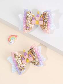 2pcs Glitter Castle Hair Accessories For Girls, Shiny Ombre Bow Hair Clips, Cute Princess Hair Pins, Holiday Gift For Teens - Multicolor - View 6
