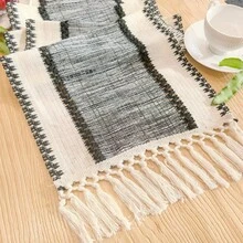 Black Striped Table Runner, Dual-Color Woven Tassel Table Runner, Rustic Style Woven, Suitable For Home And Dining Table Decor - Multicolor - View 4