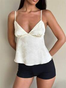 Women's V Neck Floral Print Camisole Vintage Spaghetti Strap Satin Lace Tank Tops Y2k Open Back Sleeveless Shirt Vest Loose Fit Going Out Crop Top Summer Vacation Outfits Valentine's Day Clothes Rave Outfits Concert Outfits - 白色 - 查看 5