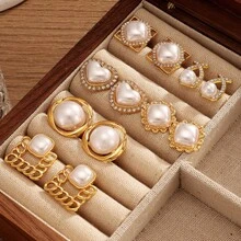 6对复古金色珍珠耳钉套装，多款水钻心形和方形耳环，复古日常派对首饰套装 - 彩色 - 查看 4