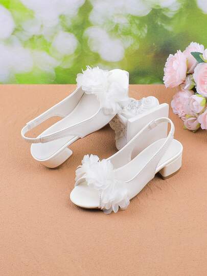 女童时尚白色简约露趾透气粗跟凉鞋，优雅正式场合，演出、婚礼、派对、度假，适合幼儿、小女孩、大女孩
