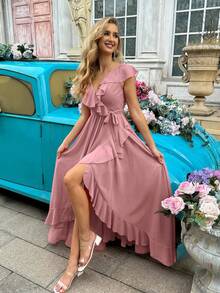 Fashion Daily Style Coral Orange V-Neck Flounce Sleeve Bridesmaid Gown Dresses - Pink - View 3