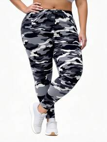 大码女士迷彩印花紧身裤，休闲运动户外健身裤，简约柔软弹力修身打底裤，适合居家、健身房、瑜伽和度假穿着。 - 黑與白 - 查看 3