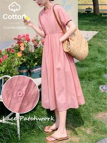 Women's Casual Lace Trim Loose Waist Midi Dress, Short Sleeve, Spring/Summer Pink - Pink - View 3