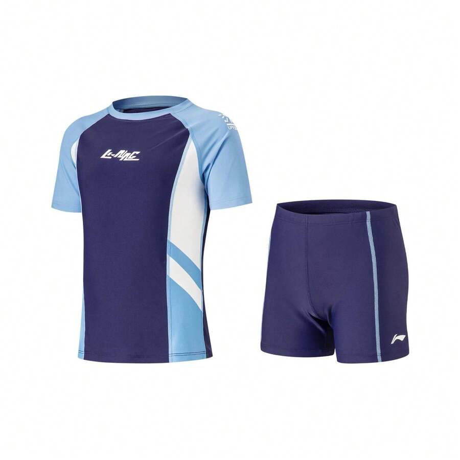 LI-NING Teen Boys Split Swimsuit Quick Dry UV Protection Short Sleeve Swimwear Set YSLU001 - Deep Purple-blue - View 1