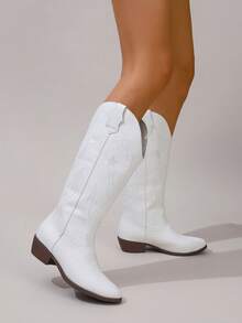 White Embroidered Asymmetrical Chunky Heel Round Toe Cowboy Boots, Versatile For Commuting, Office, Vacation, Bohemian Style For Women - White - View 3