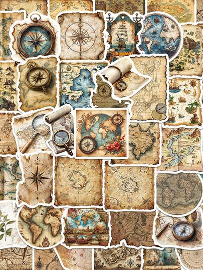 50张复古世界旅行地图贴纸，适用于笔记本电脑、行李箱、电脑、冰箱、自行车、头盔、手机等。